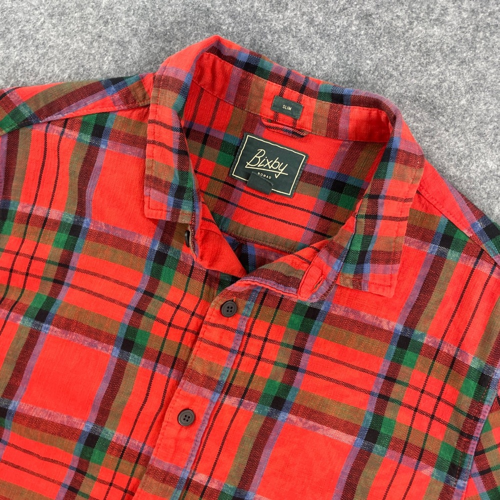 Bixby Nomad Mens Button Down Shirt L Red Plaid Long Sleeve Slim Fit Dixxon Pearl